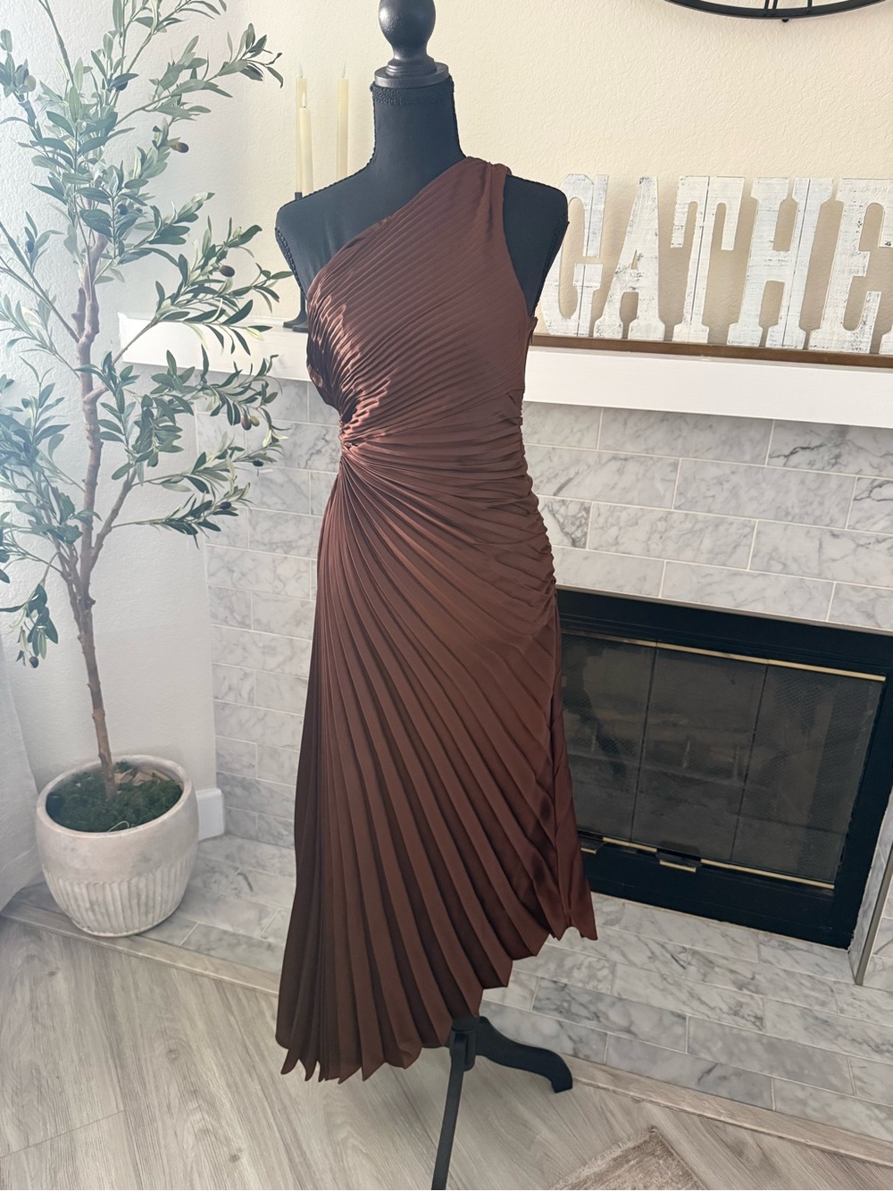 Fashion Nova One-Shoulder Pleated Chocolate Brown Midi Dress